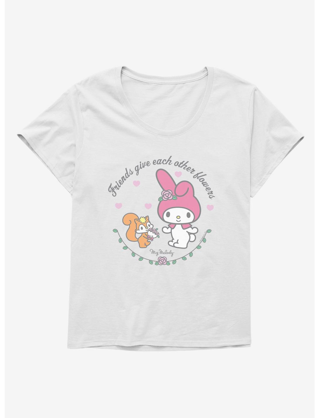 My Melody Friends Give Each Other Flowers Womens T-Shirt Plus Size, WHITE, hi-res