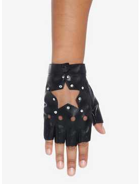 Rhinestone Star Cutout Moto Fingerless Gloves, , hi-res