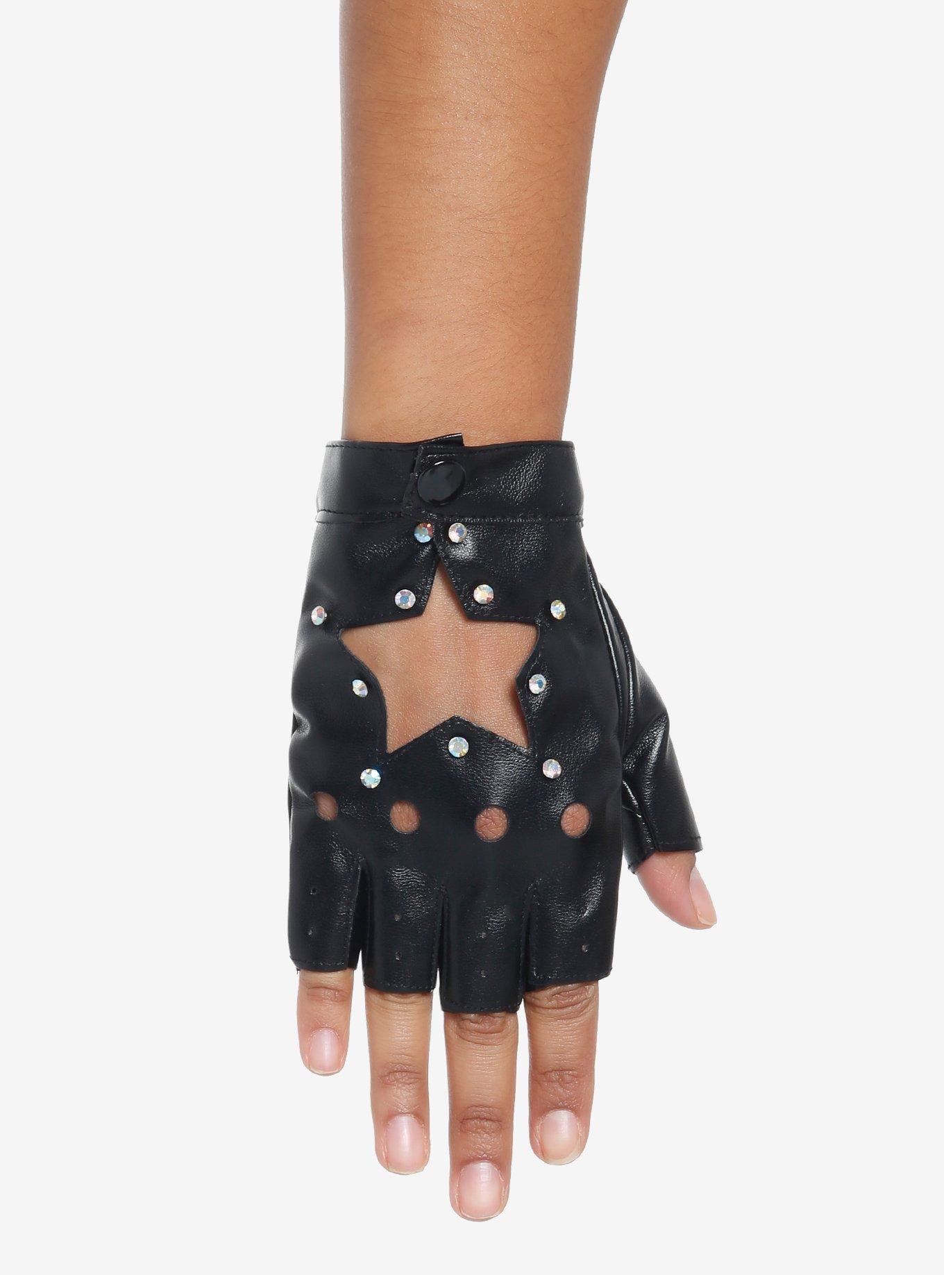 Rhinestone Star Cutout Moto Fingerless Gloves, , hi-res