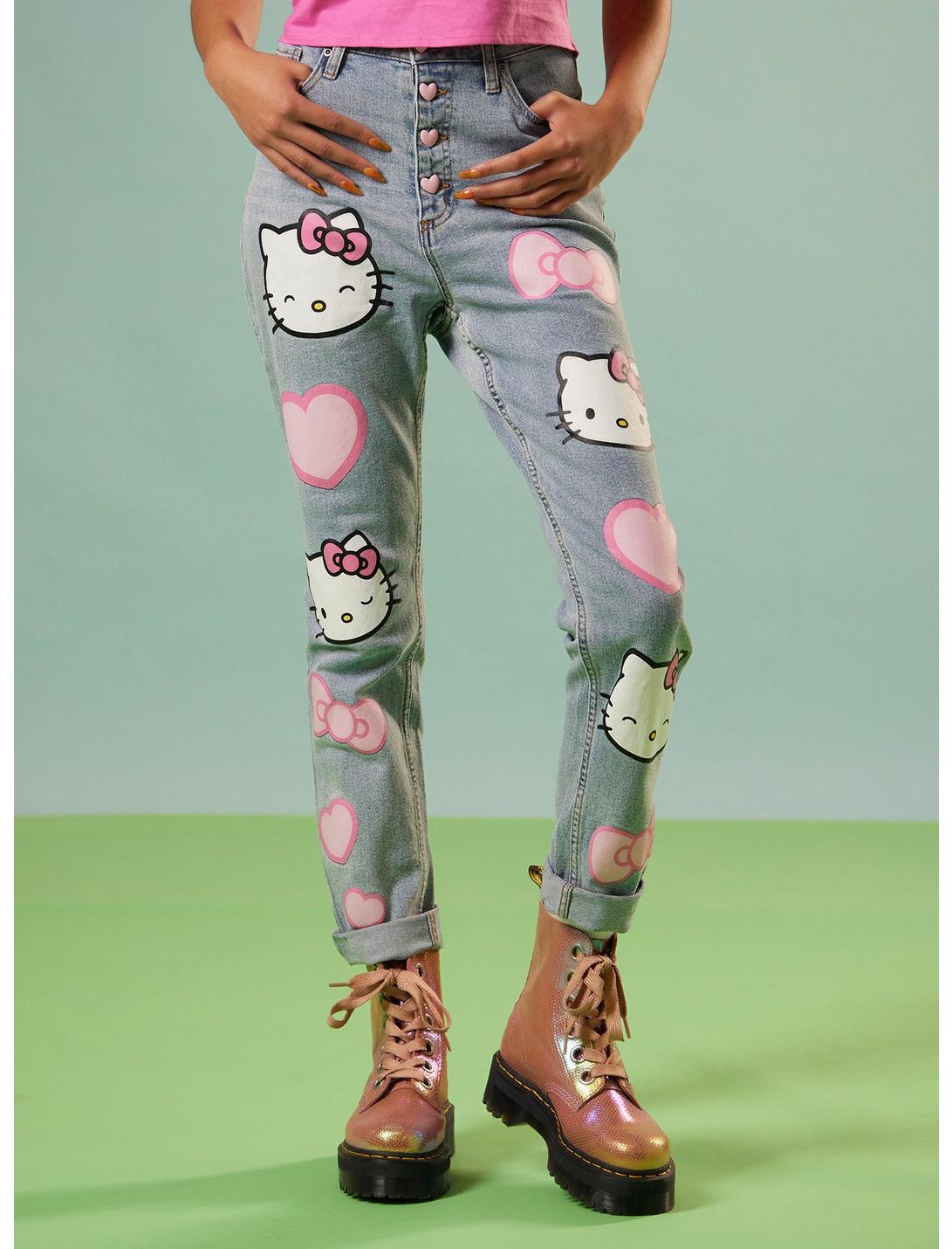 Hello Kitty Hearts Mom Jeans, LIGHT BLUE WASH, hi-res