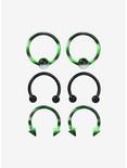 Steel Black & Green Circular Barbell & Captive Hoop 6 Pack, BLACK, hi-res