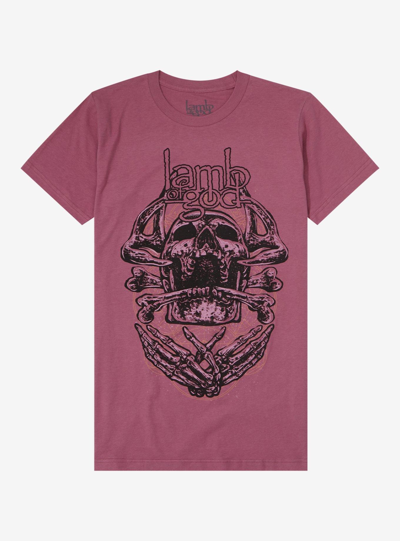 Lamb Of God Skeleton Boyfriend Fit Girls T-Shirt, BURGUNDY, hi-res