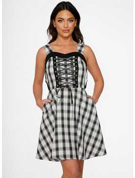 Black White Plaid Lace-Up Dress, , hi-res