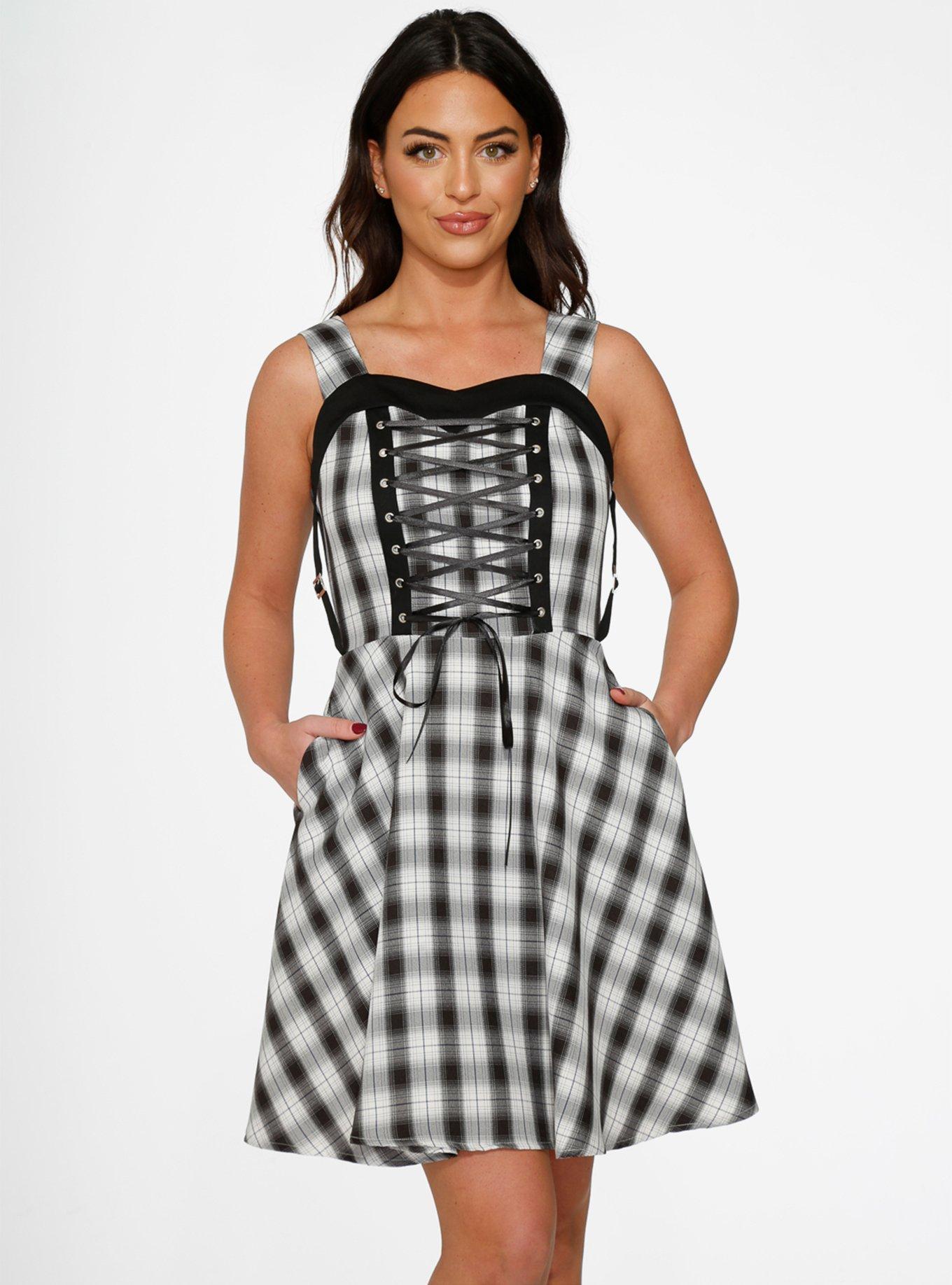 Black White Plaid Lace-Up Dress, PLAID - WHITE, hi-res