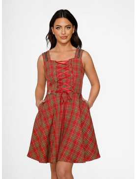 Red Plaid Swing Lace-Up Dress, , hi-res