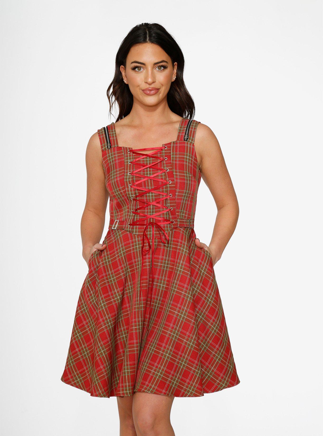 Red Plaid Swing Lace-Up Dress, PLAID - RED, hi-res