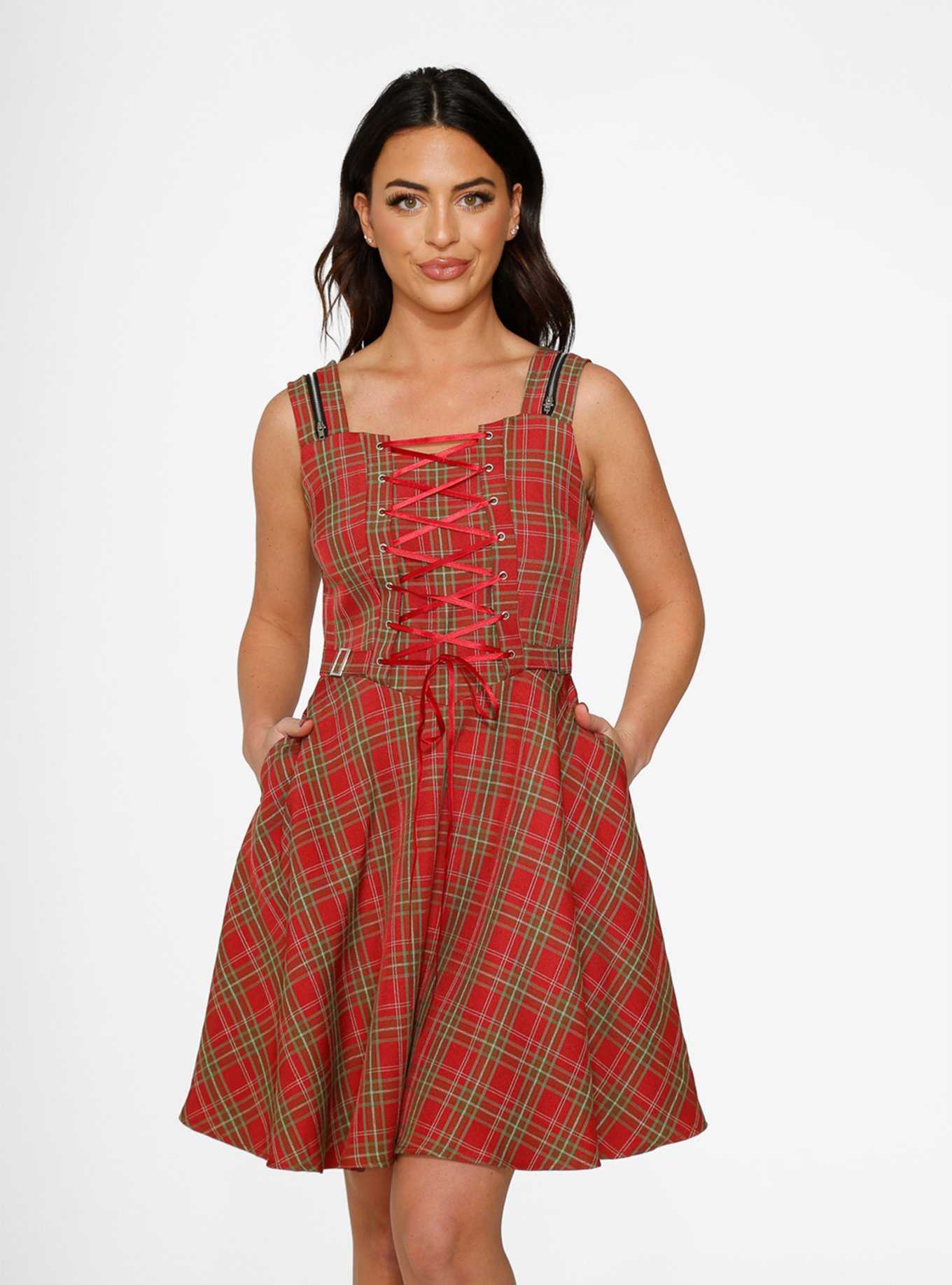 Red Plaid Swing Lace-Up Dress, , hi-res