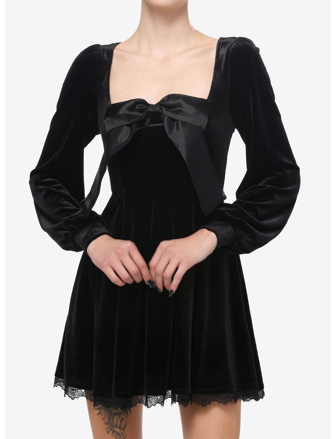 Cosmic Aura Velvet Bow Long-Sleeve Dress, BLACK, hi-res