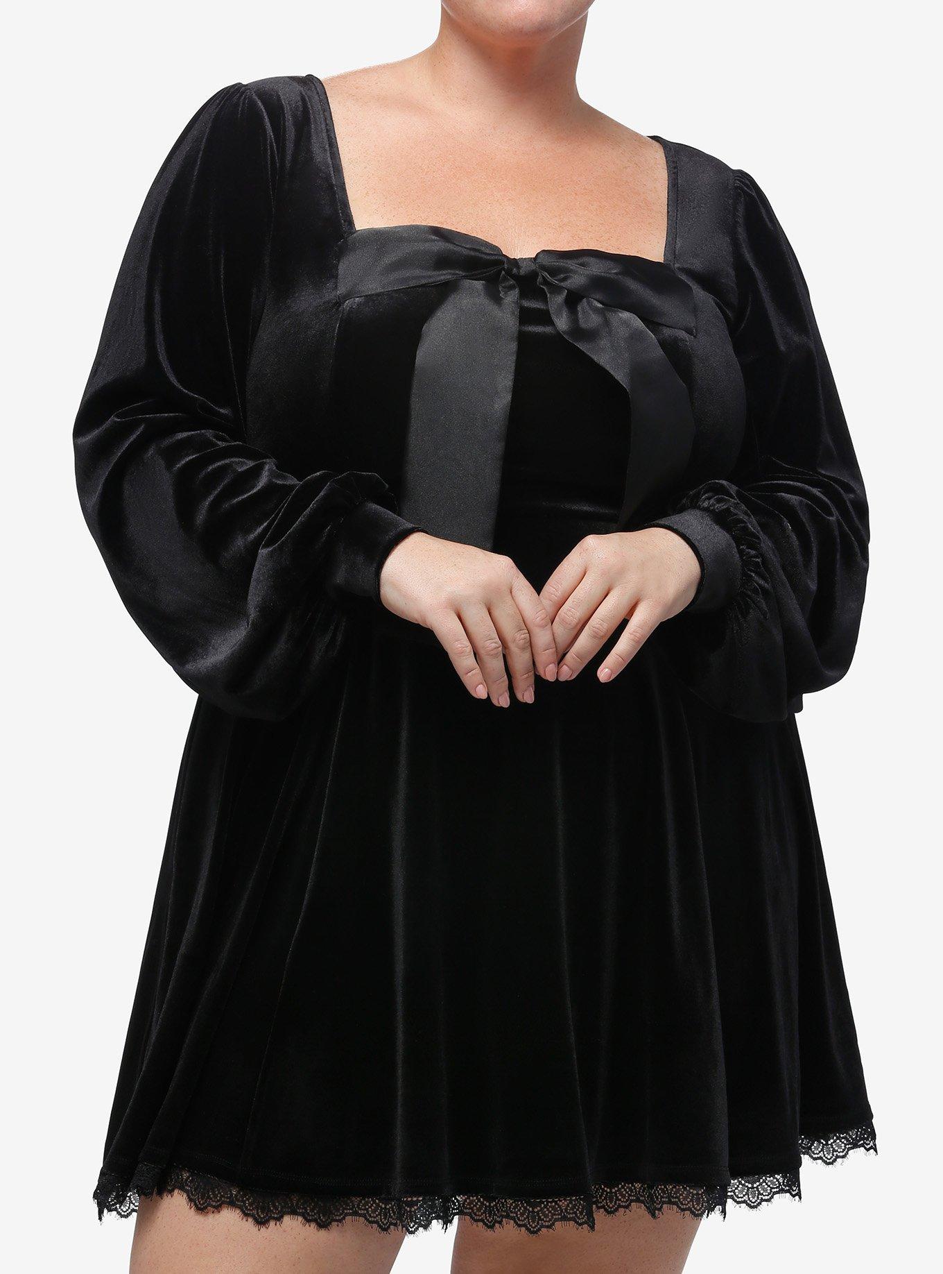 Cosmic Aura Velvet Bow Long-Sleeve Dress Plus Size, BLACK, hi-res