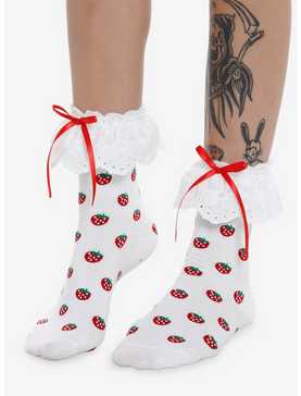Strawberry White Lace Bow Ankle Socks, , hi-res