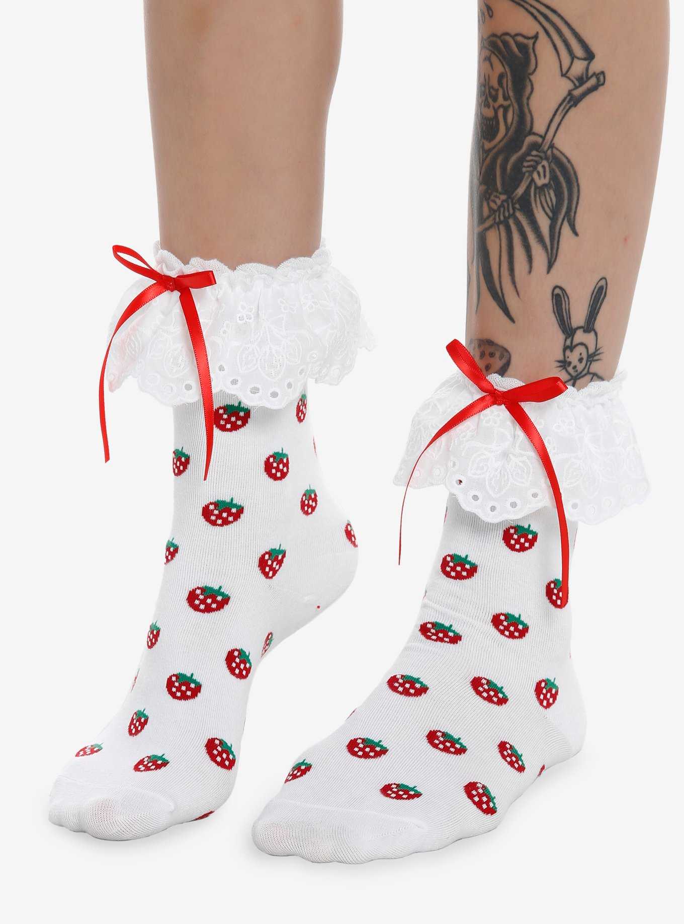 Strawberry White Lace Bow Ankle Socks, , hi-res