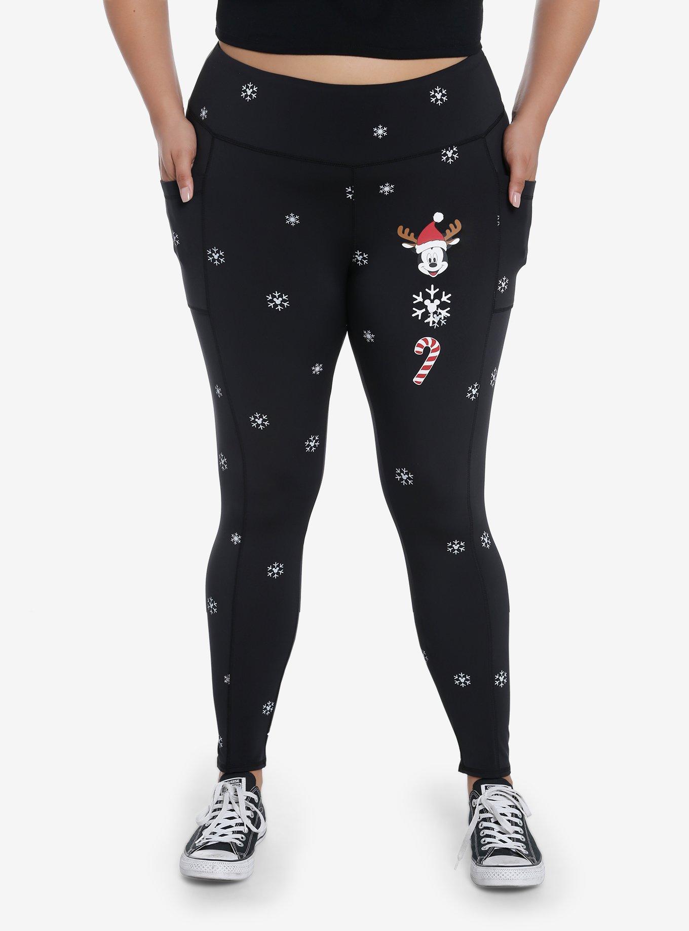 Her Universe Disney Mickey Mouse Snowflake Fleece Leggings Plus Size Her Universe Exclusive, BLACK  SNOW BLACK, hi-res