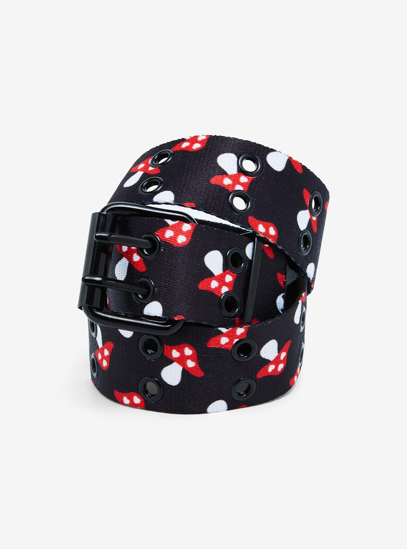 Black Mushroom Print Grommet Belt, , hi-res