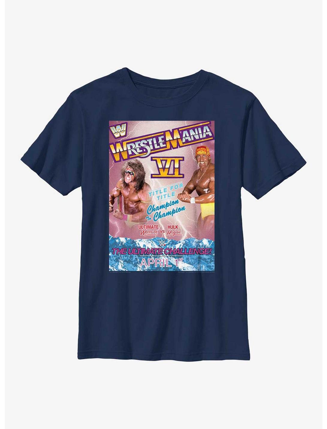 WWE WrestleMania VI Ultimate Warrior vs Hulk Hogan Poster Youth T-Shirt, NAVY, hi-res
