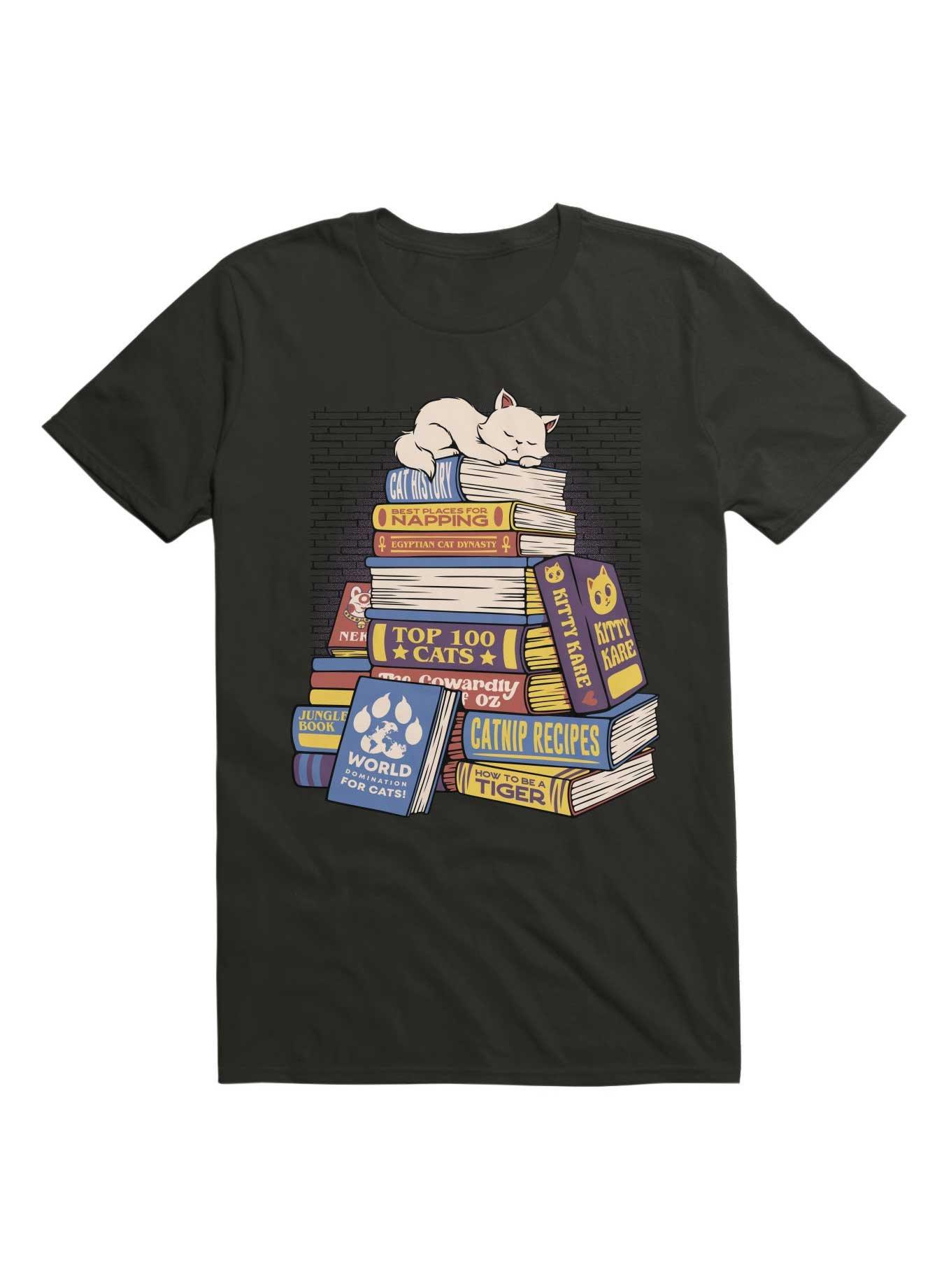 Cat Books Feline Library T-Shirt, BLACK, hi-res