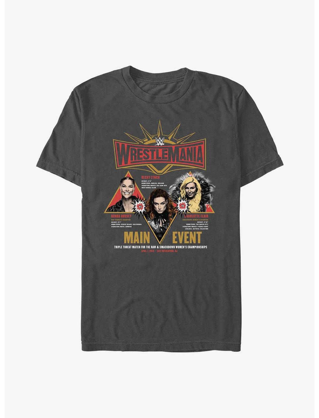 WWE WrestleMania 35 Main Event Ronda Rousey, Becky Lynch & Charlotte Flair T-Shirt, CHARCOAL, hi-res