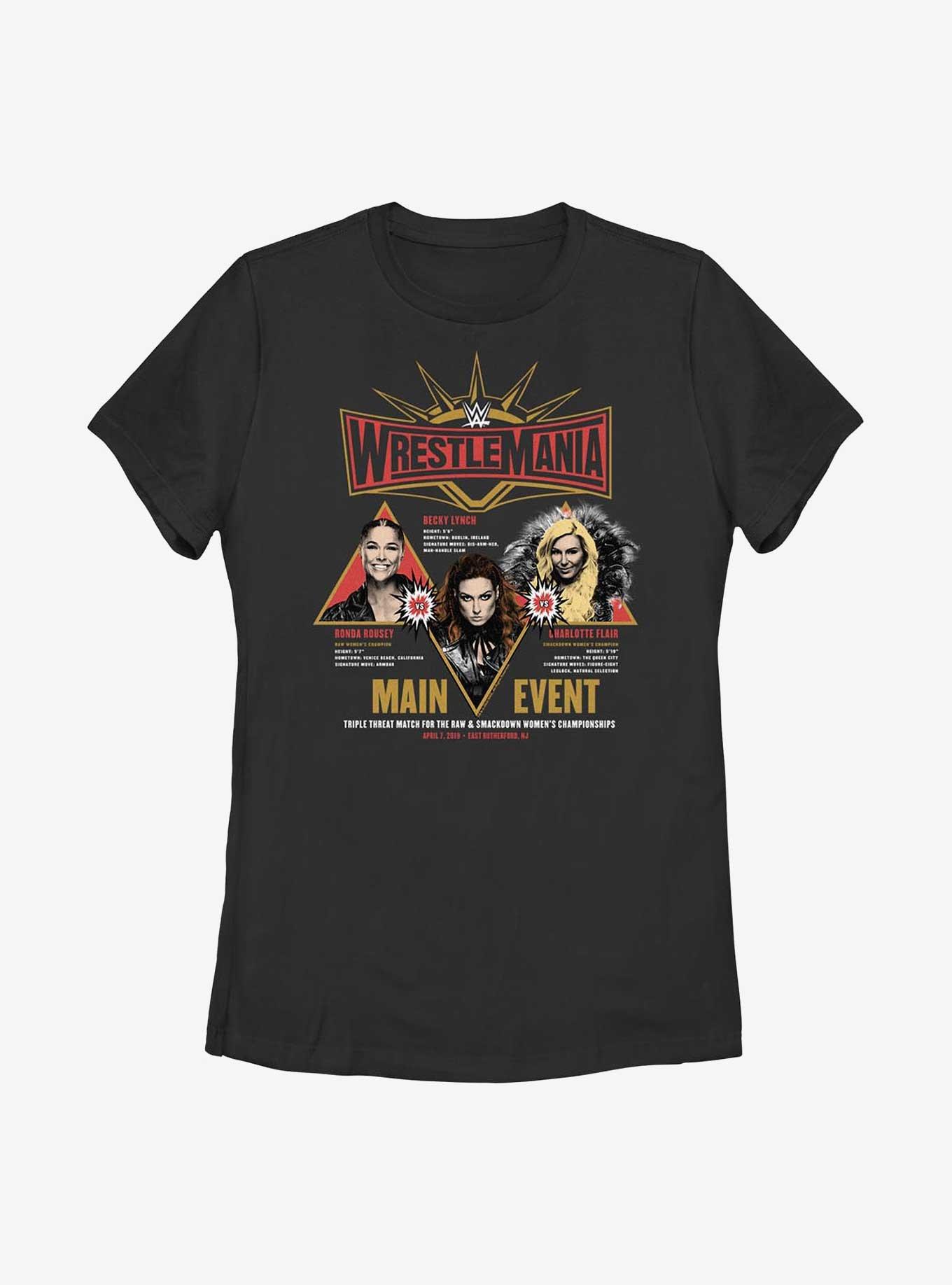 WWE WrestleMania 35 Main Event Ronda Rousey, Becky Lynch & Charlotte Flair Womens T-Shirt, BLACK, hi-res