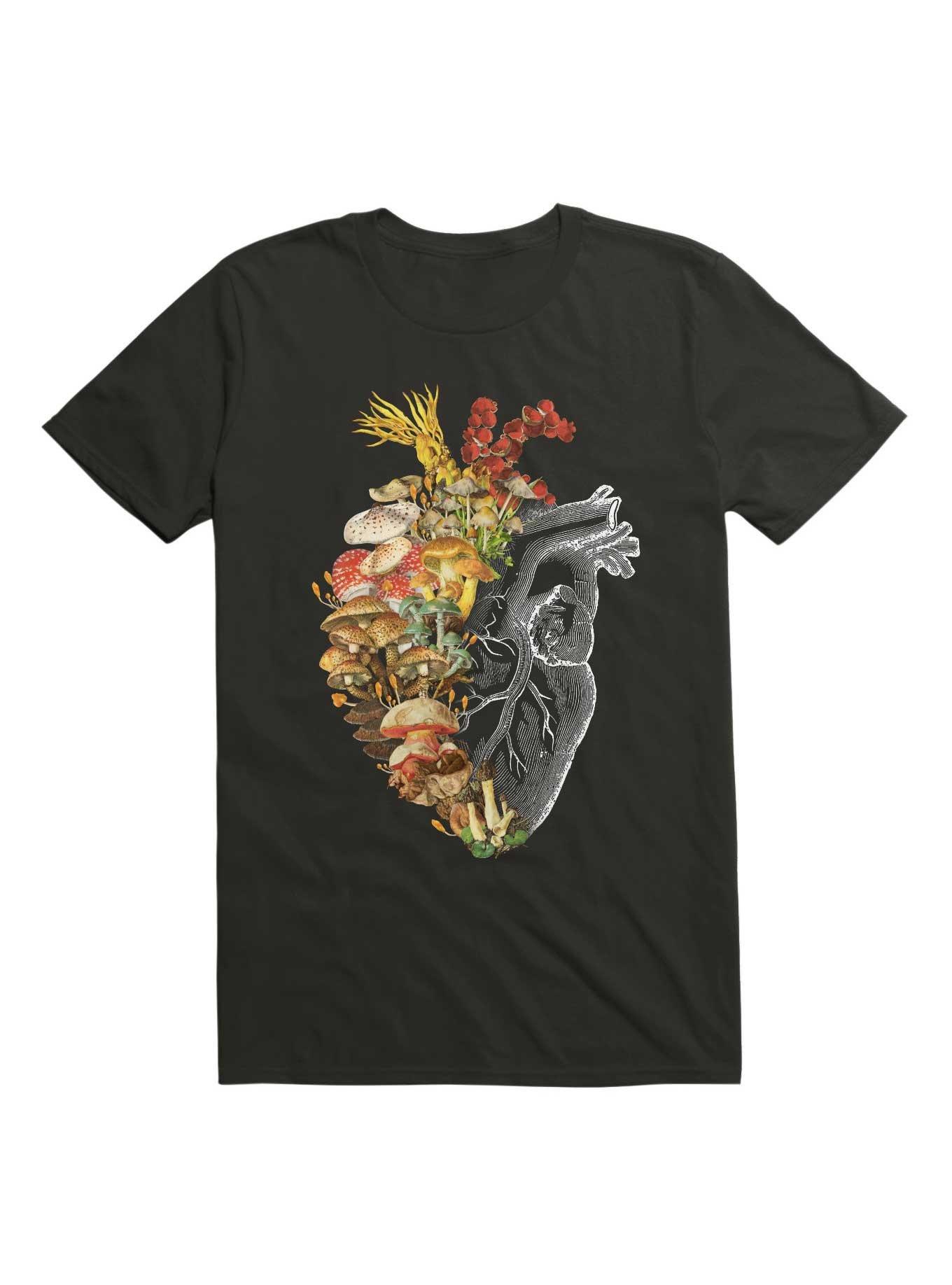 Mushroom Heart Vintage Nature T-Shirt, BLACK, hi-res