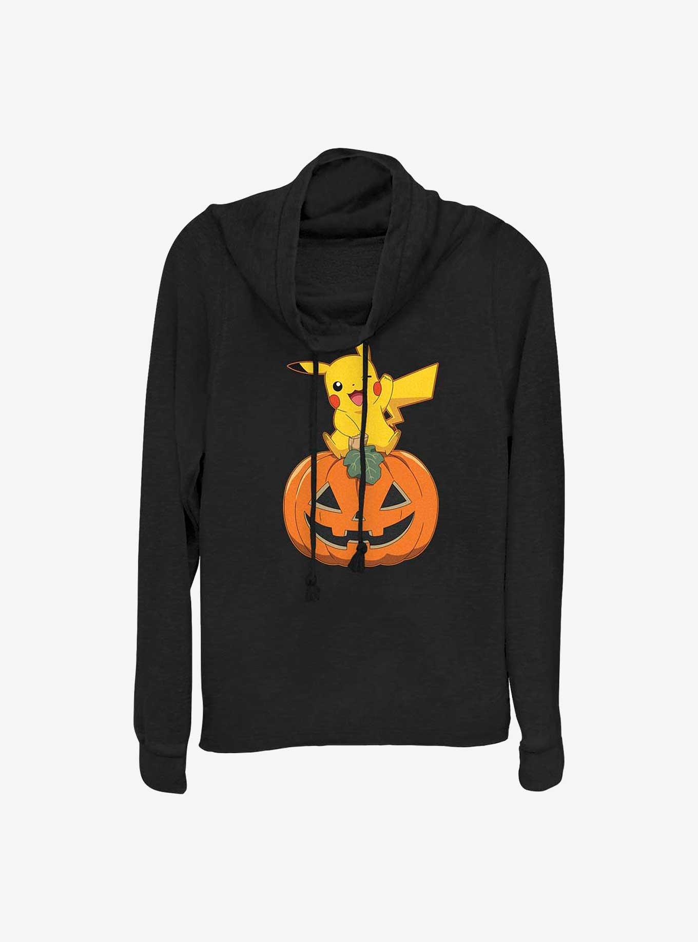 Pokemon Pikachu Pumpkin Girls Cowl Neck Long-Sleeve Top, BLACK, hi-res