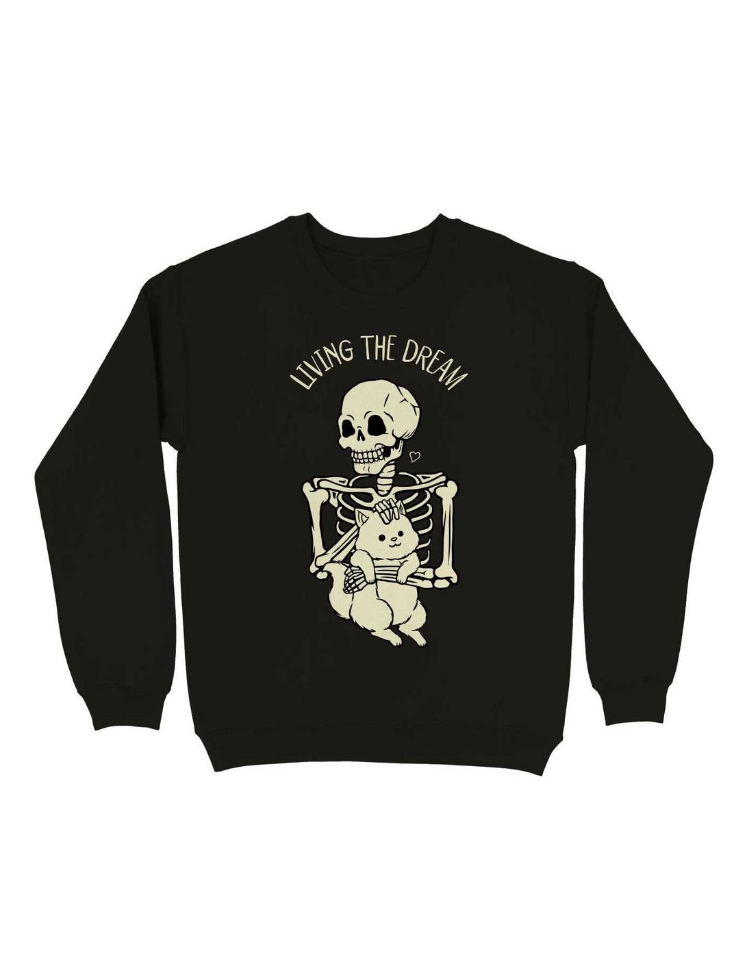 Living The Dream Skeleton Cat Sweatshirt, BLACK, hi-res
