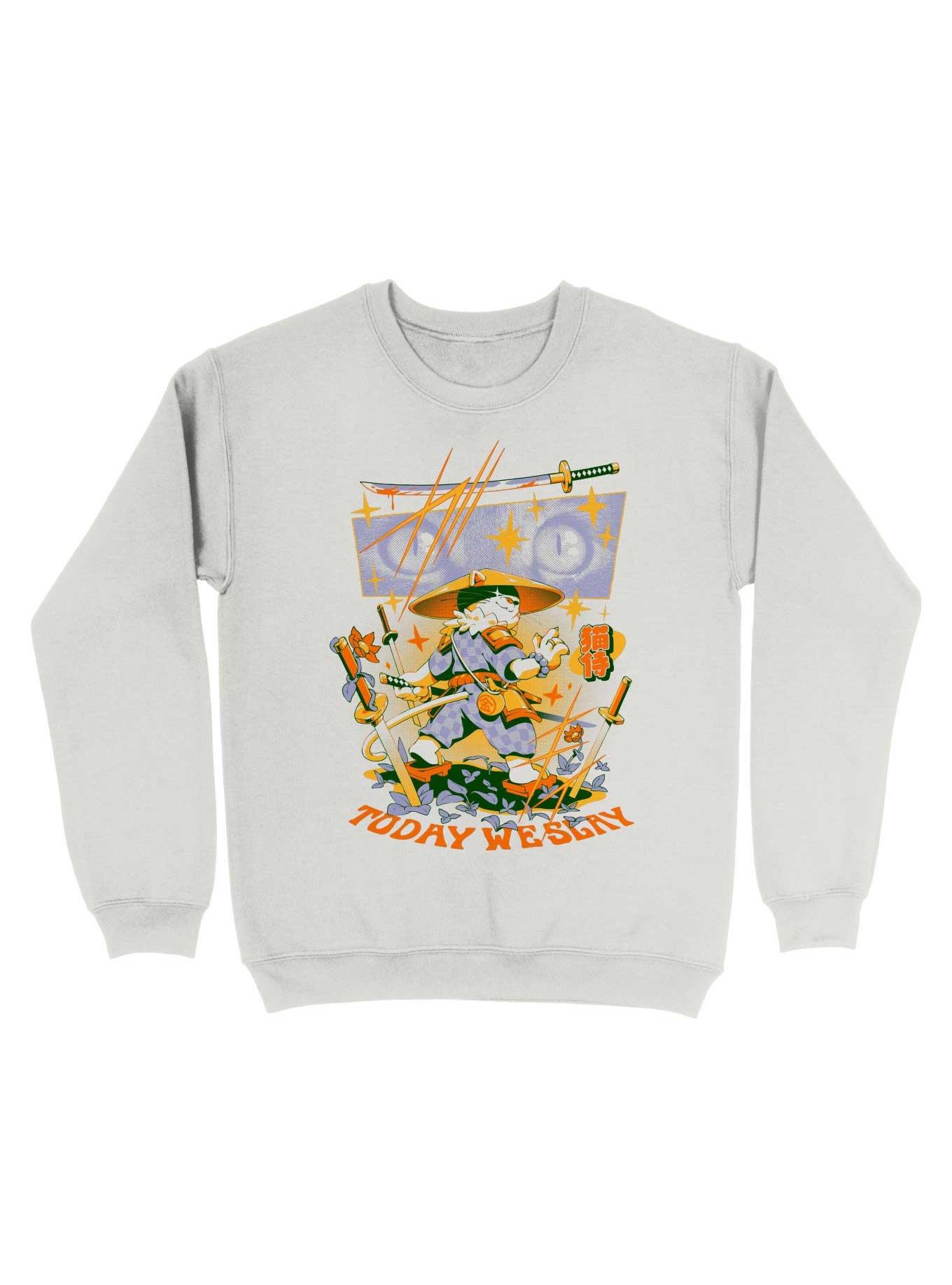 Today We Slay Samurai Cat Sweatshirt, WHITE, hi-res