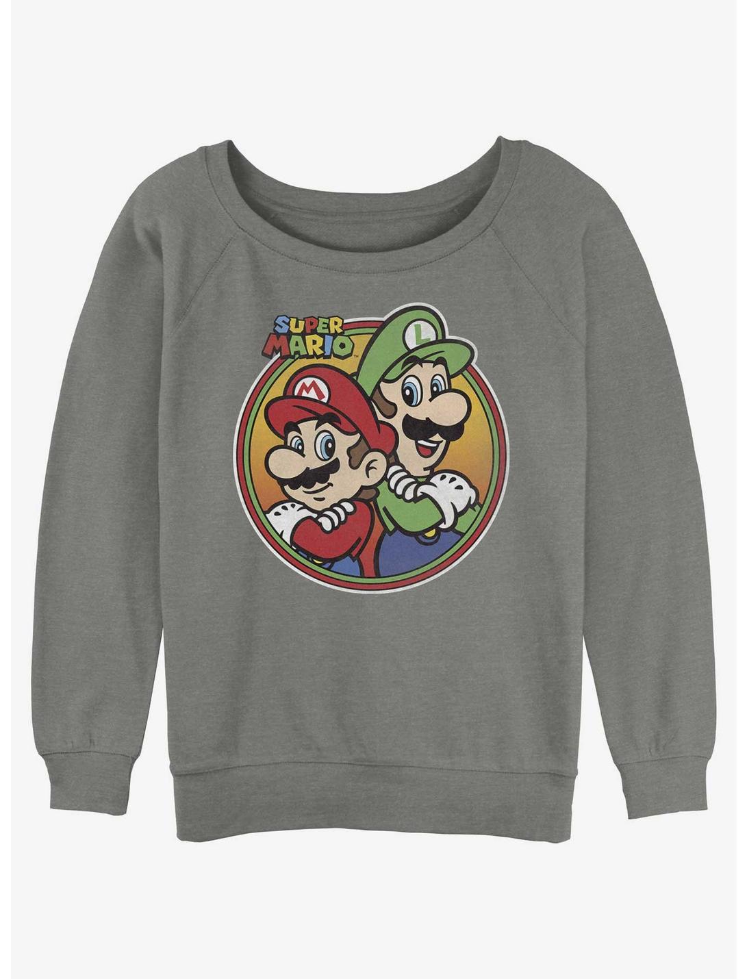 Nintendo Mario Super Mario And Luigi Badge Womens Slouchy Sweatshirt, GRAY HTR, hi-res