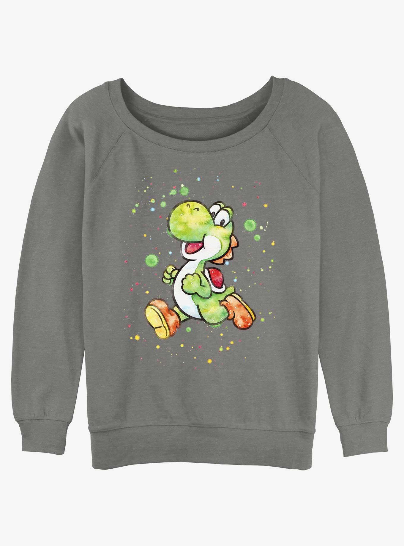 Nintendo Mario Watercolor Yoshi Womens Slouchy Sweatshirt, GRAY HTR, hi-res