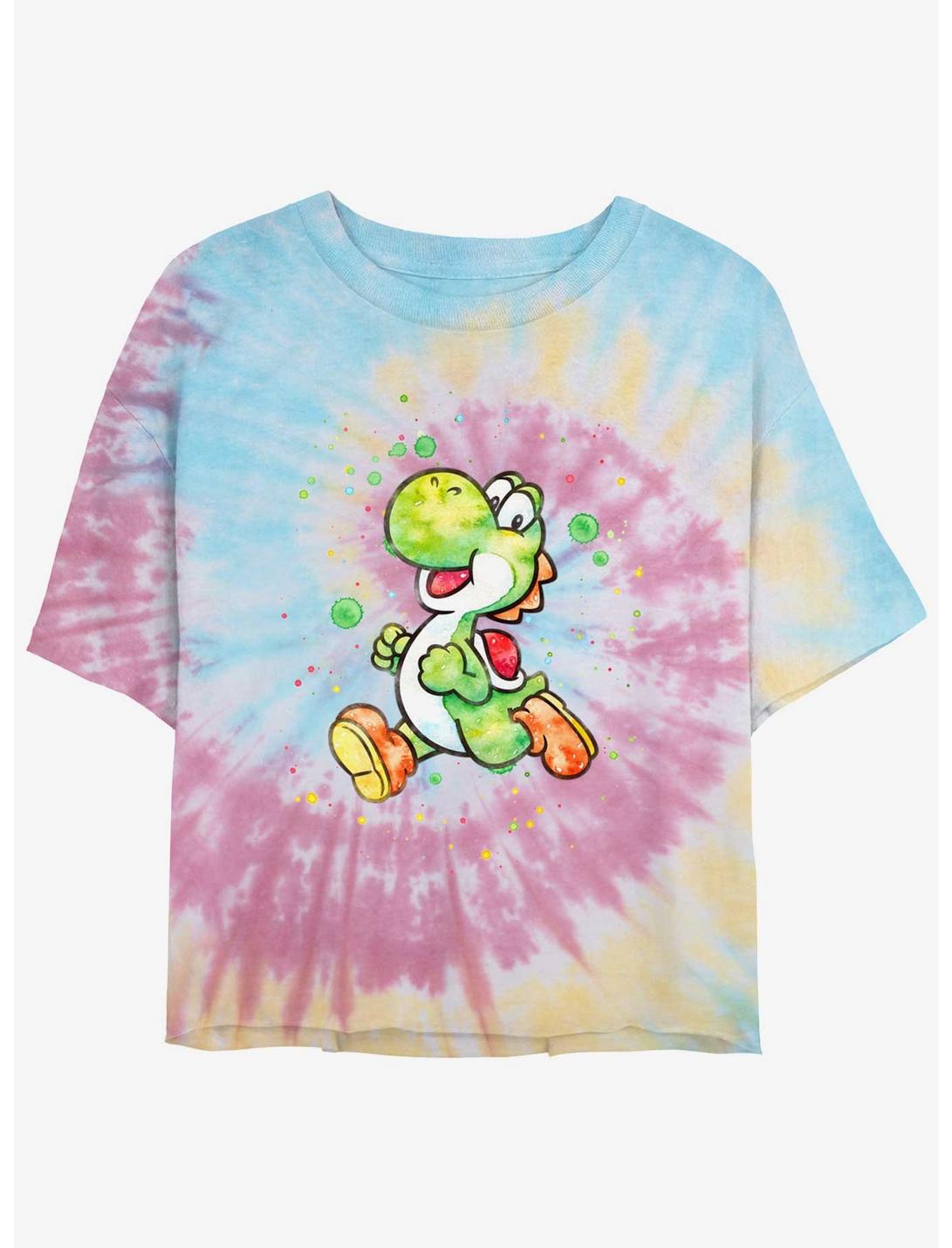 Nintendo Mario Watercolor Yoshi Tie-Dye Womens Crop T-Shirt, BLUPNKLY, hi-res