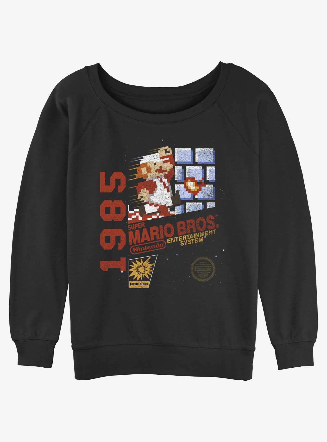 Nintendo Mario 1985 Vintage 8-Bit Bros Womens Slouchy Sweatshirt, BLACK, hi-res