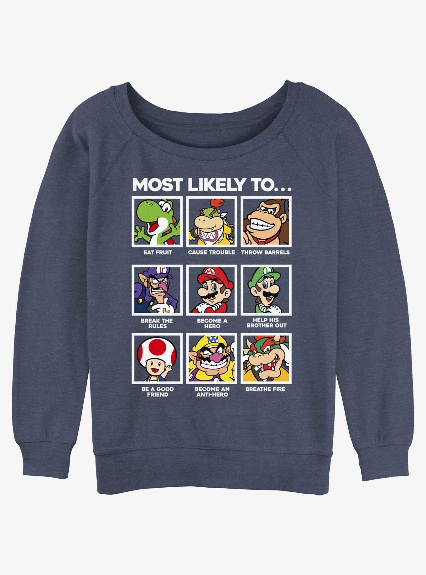 Nintendo Mario Most Likely To Group Womens Slouchy Sweatshirt, BLUEHTR, hi-res