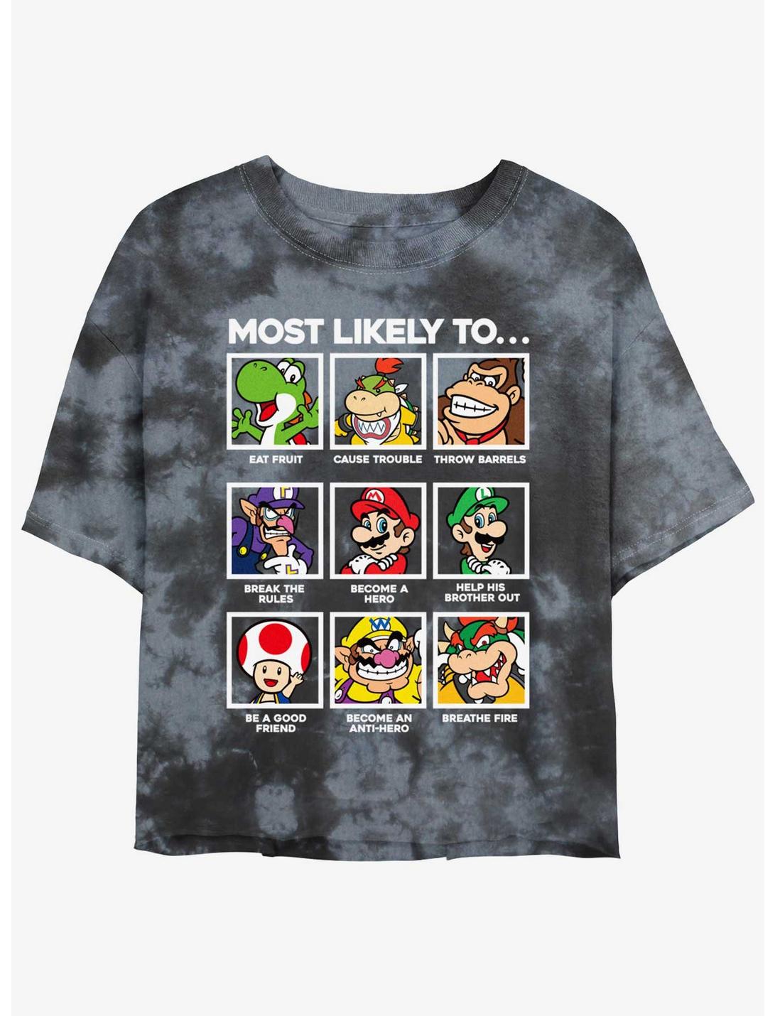 Nintendo Mario Most Likely To Group Tie-Dye Womens Crop T-Shirt, BLKCHAR, hi-res