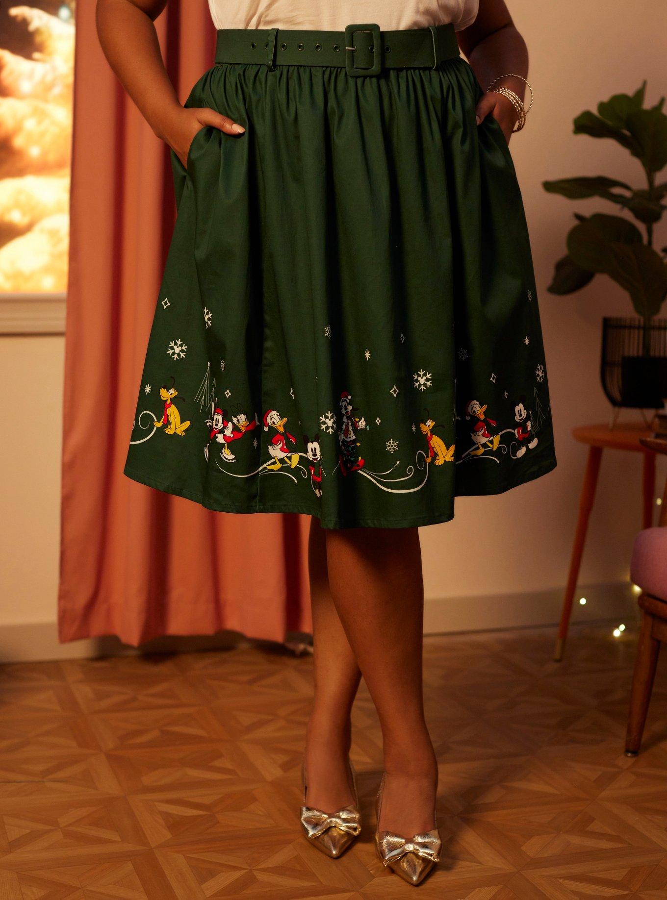 Disney Mickey Mouse And Friends Holiday Retro Skirt Plus Size Her Universe Exclusive, FOREST GREEN, hi-res