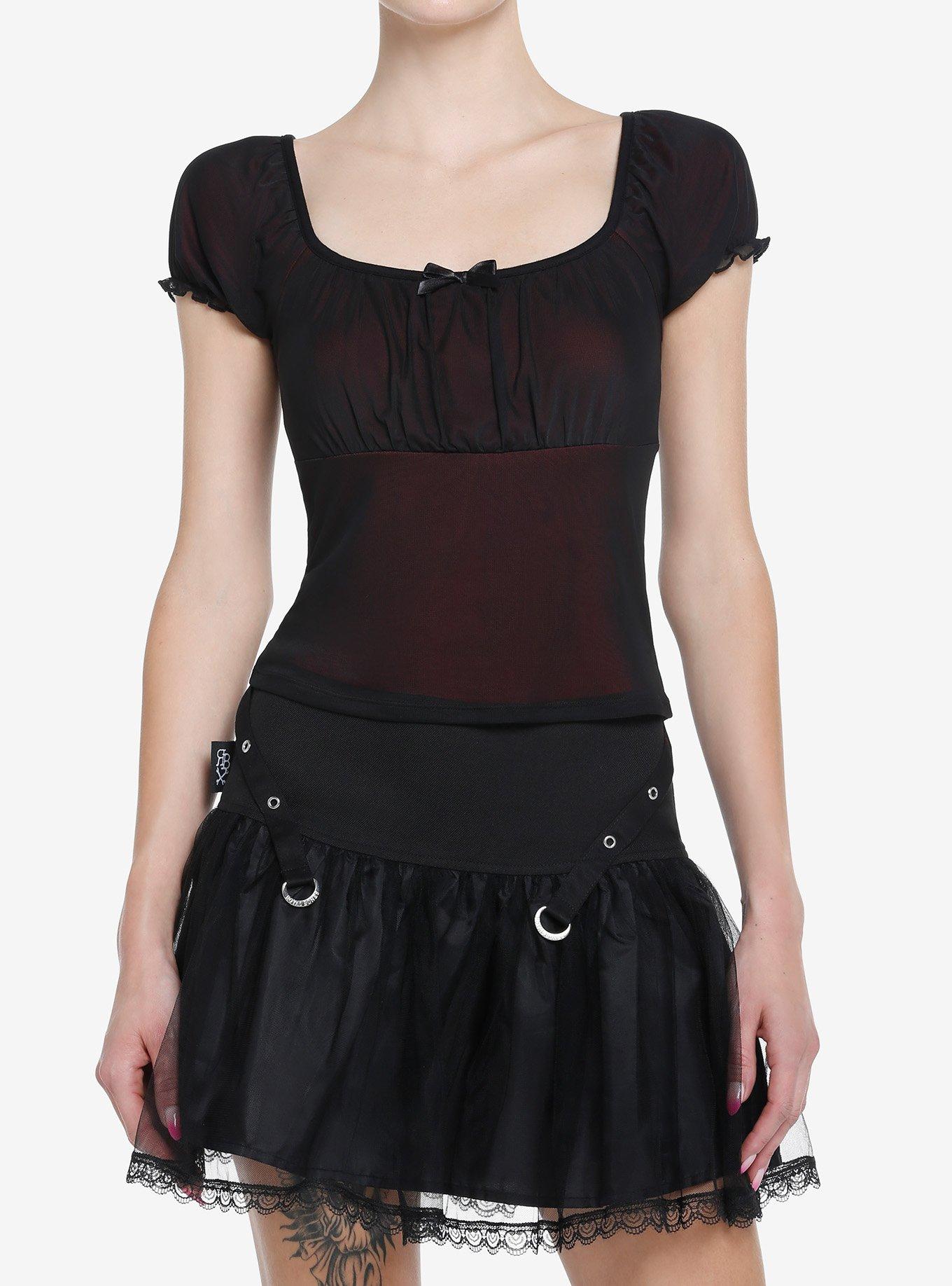 Social Collision Red & Black Mesh Girls Babydoll Top