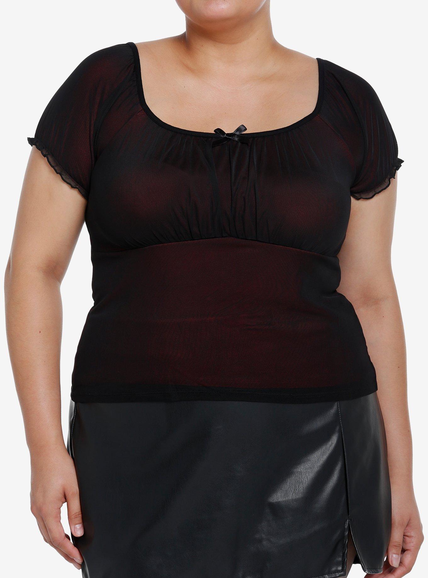 Social Collision Red & Black Mesh Girls Babydoll Top Plus Size, RED, hi-res