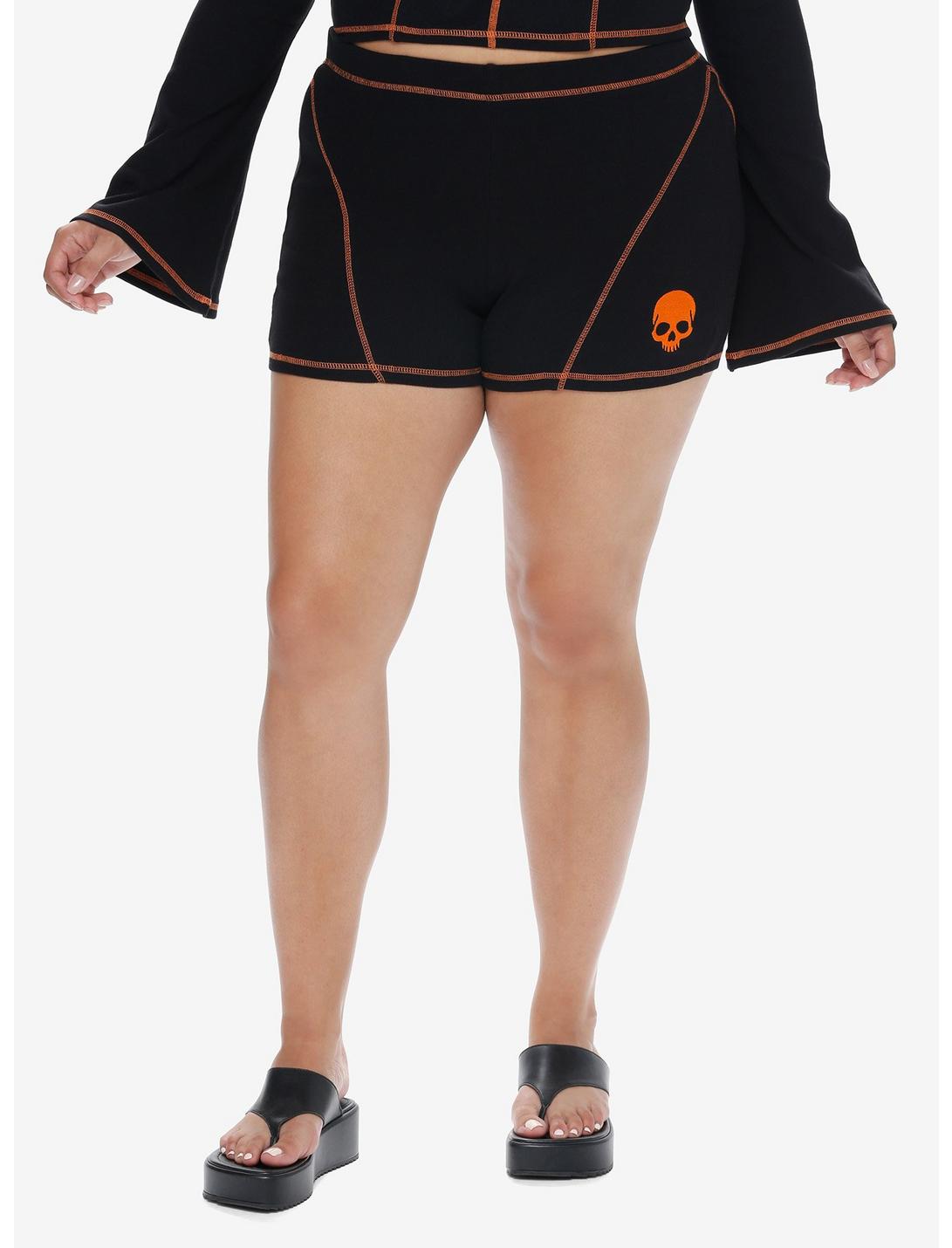 Social Collision Black & Orange Stitch Skull Girls Bike Shorts Plus Size, BLACK, hi-res