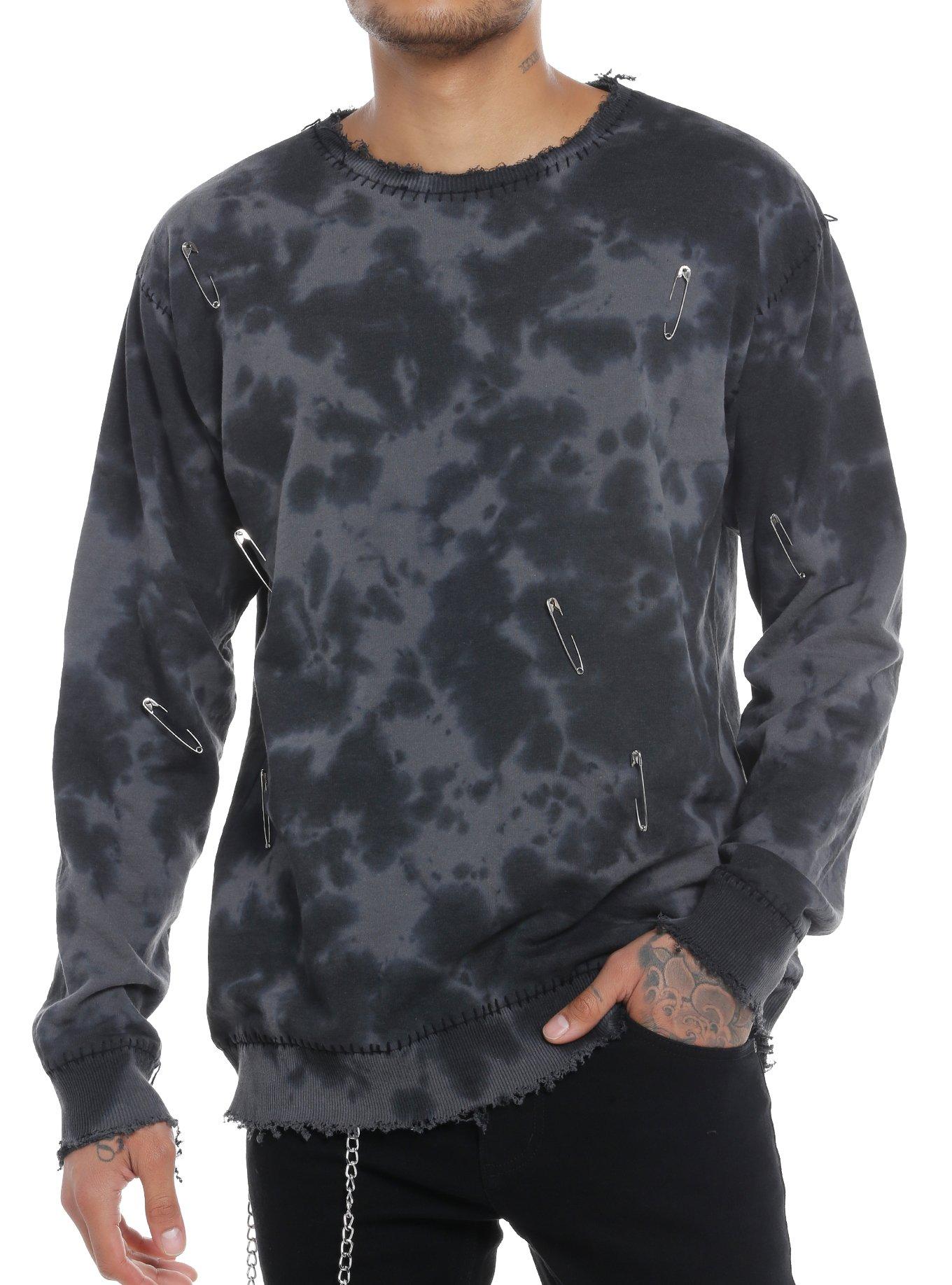 Safety Pin Distressed Grey Tie-Dye Sweatshirt | Hot Topic