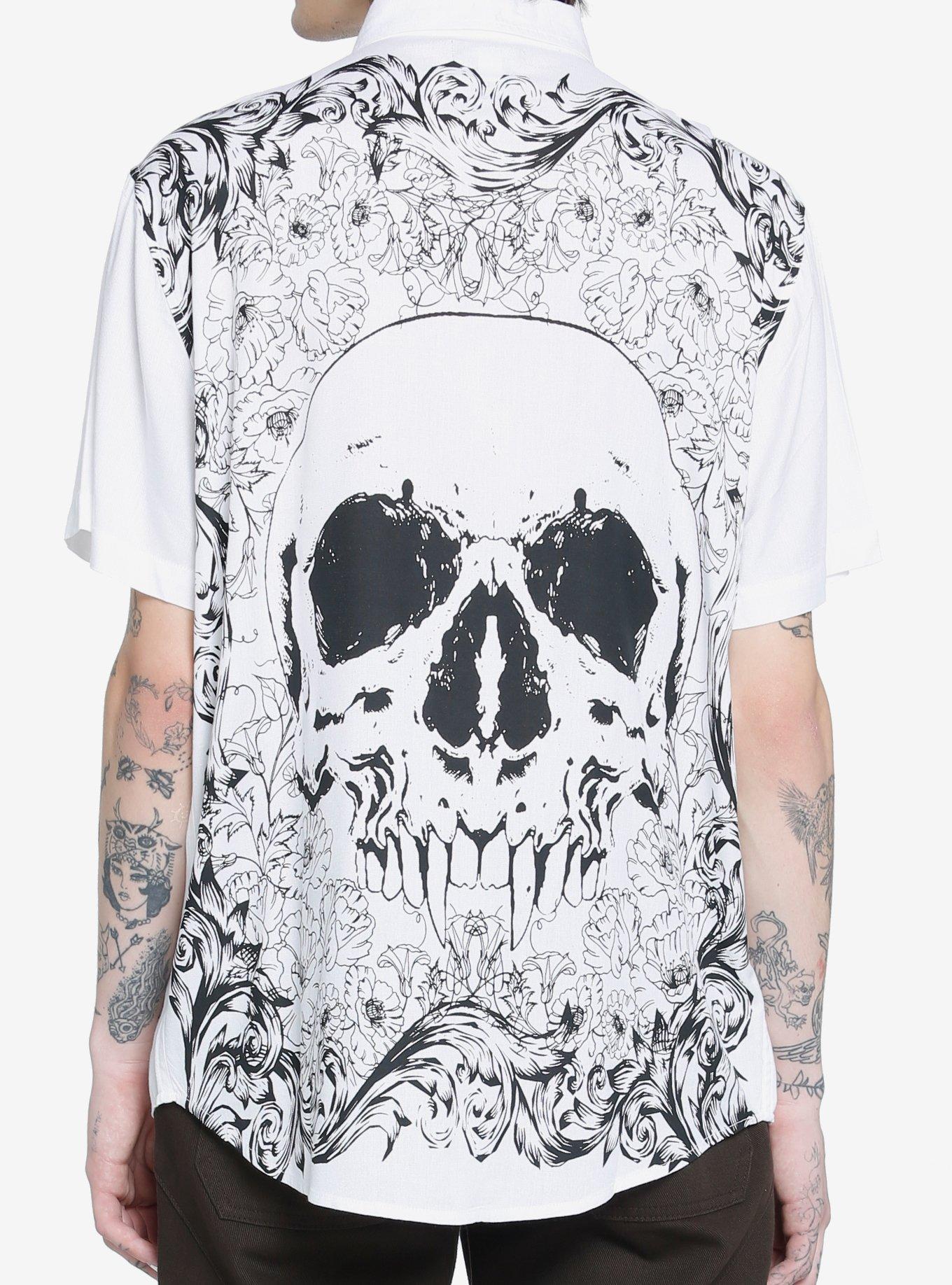 Floral Skulls Woven Button-Up, WHITE, hi-res