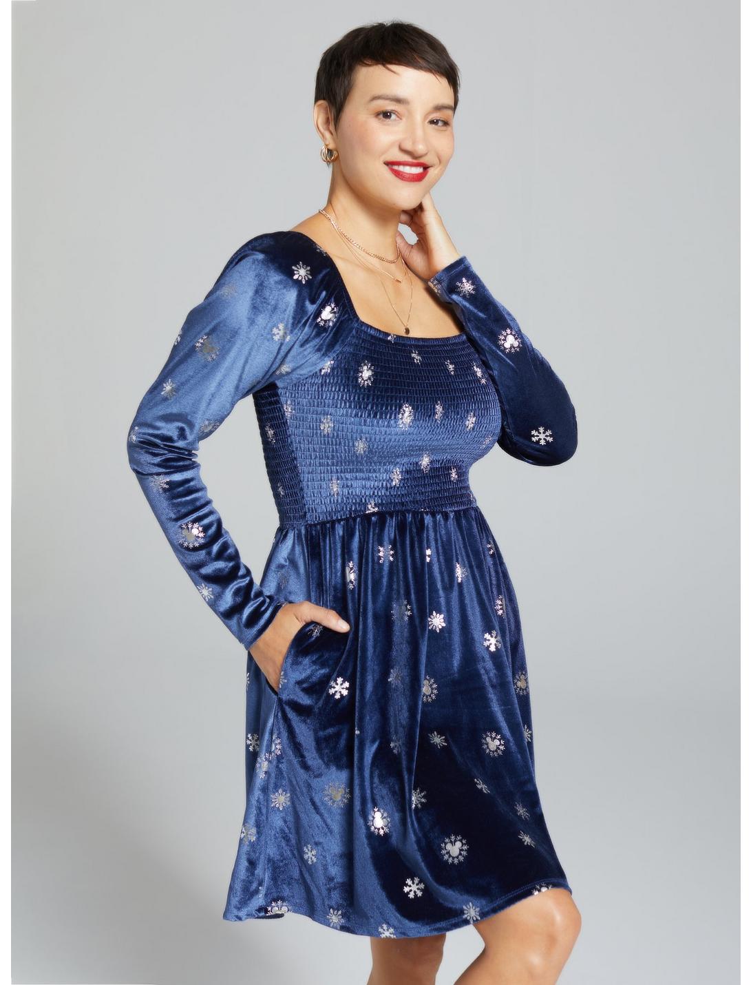 Disney Mickey Mouse Snowflake Allover Print Long Sleeve Smock Dress - BoxLunch Exclusive, NAVY, hi-res