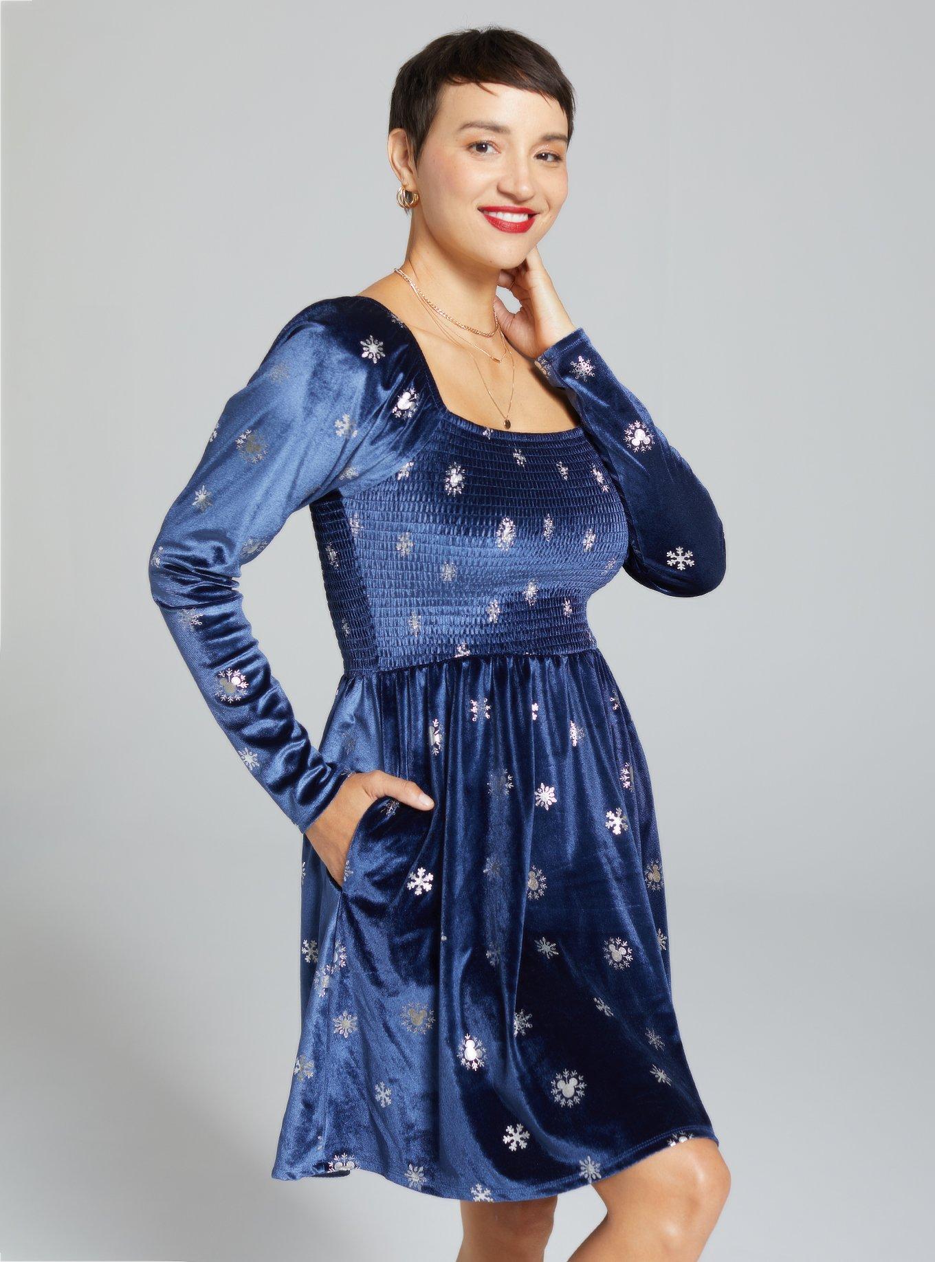 Disney Mickey Mouse Snowflake Allover Print Long Sleeve Smock Dress - BoxLunch Exclusive, NAVY, hi-res