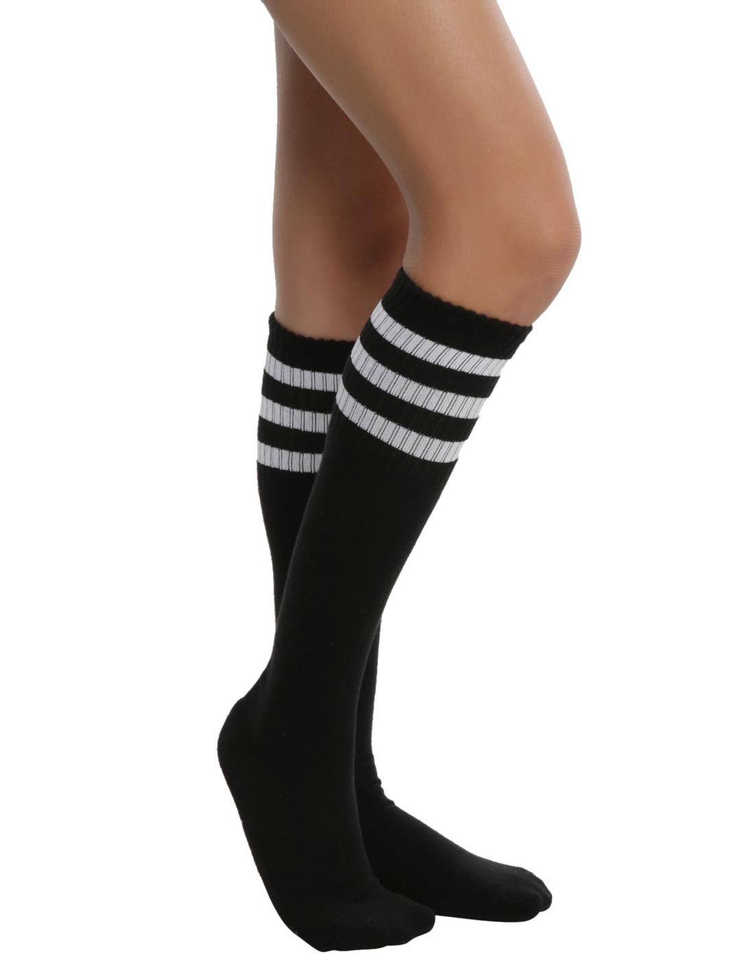 Black And White Cushioned Knee-High Crew Socks, BLACK, hi-res