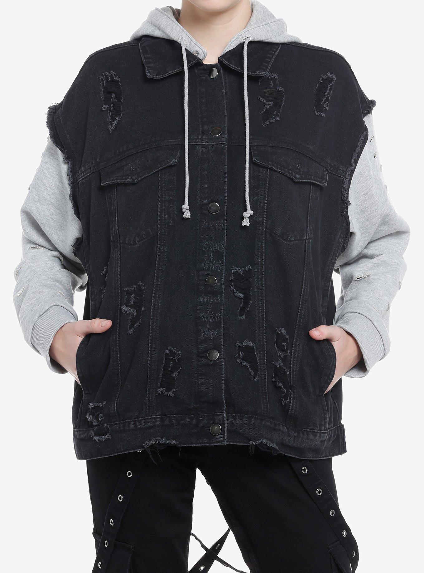 Black & Grey Twofer Girls Hoodie Vest, GREY, hi-res