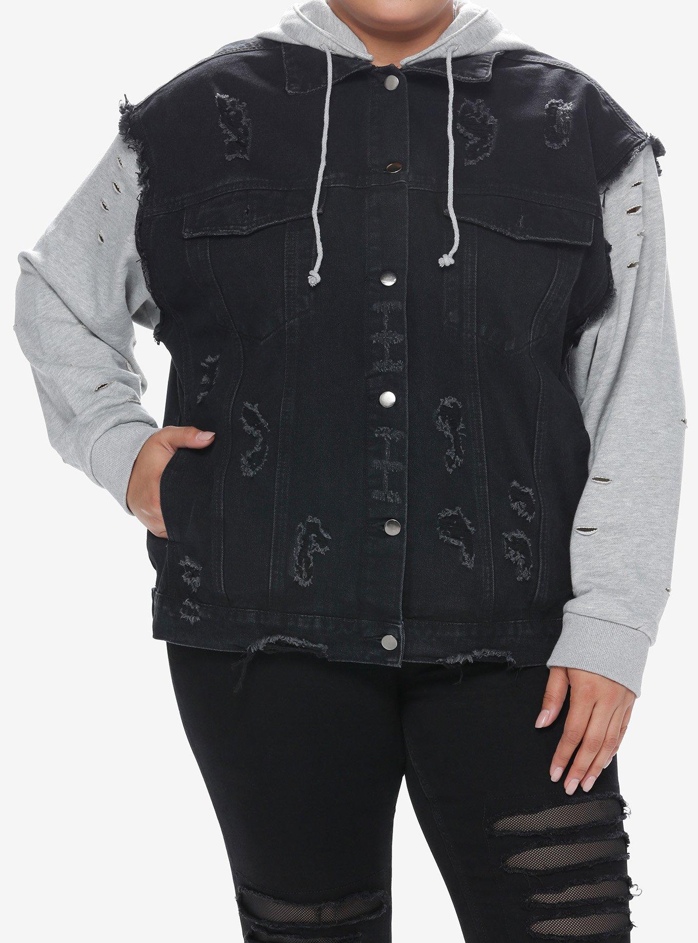 Black & Grey Twofer Girls Hoodie Vest Plus Size, GREY, hi-res
