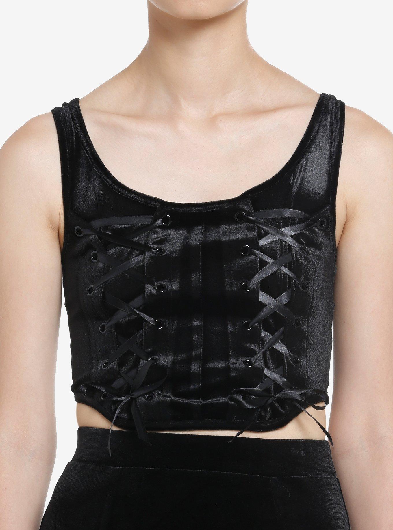 Cosmic Aura Black Velvet Multi Lace-Up Girls Corset Top, BLACK, hi-res