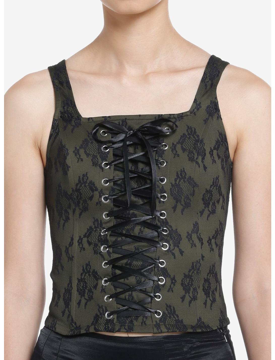 Thorn & Fable Green & Black Lace Girls Corset Top, BLACK, hi-res