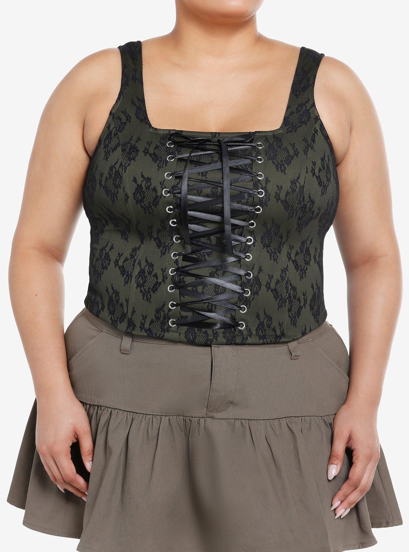 Thorn & Fable Green & Black Lace Girls Corset Top Plus Size, BLACK, hi-res