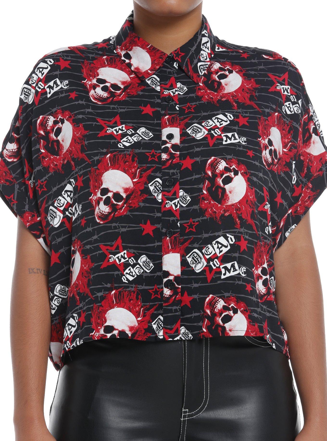Social Collision Flaming Skulls Allover Print Girls Woven Button-Up, RED, hi-res
