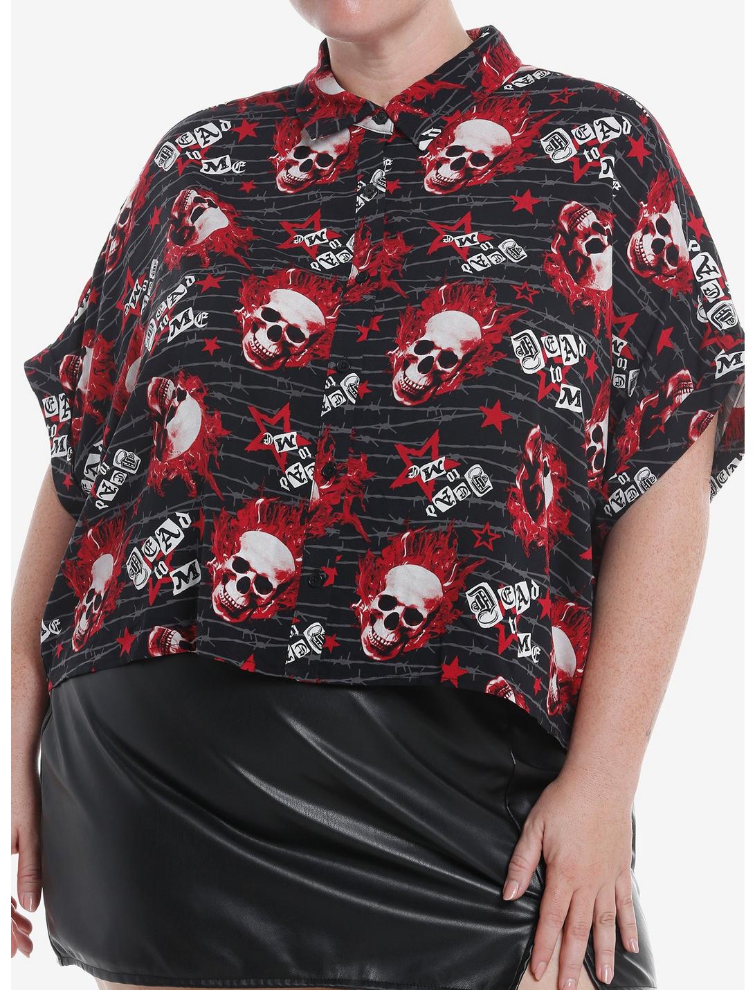 Social Collision Flaming Skulls Allover Print Girls Woven Button-Up Plus Size, RED, hi-res