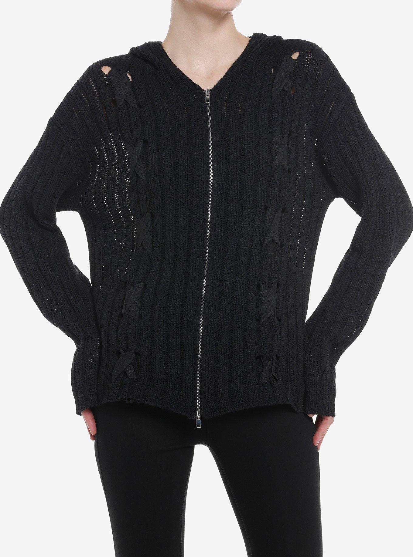 Black Lace-Up Girls Knit Hoodie