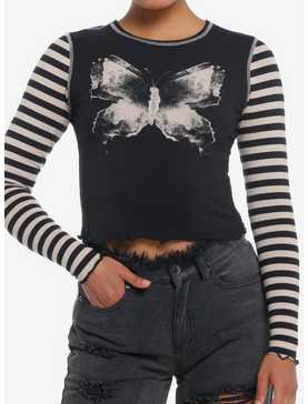 Social Collision Black & Beige Butterfly Stripe Girls Long-Sleeve Top, , hi-res