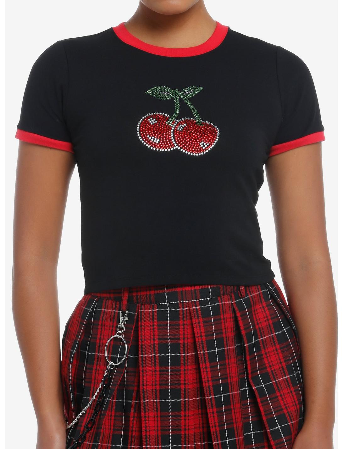 Social Collision Rhinestone Cherries Girls Crop Ringer T-Shirt, RED, hi-res